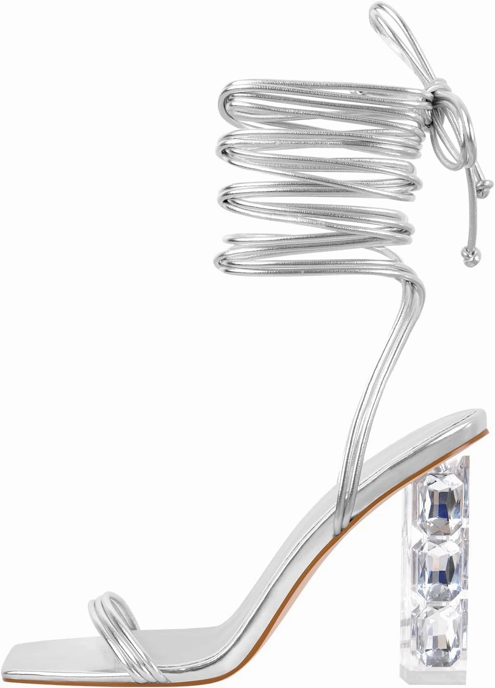 Yolkomo Women's Clear Rhinestone Bow Heels Lace Up