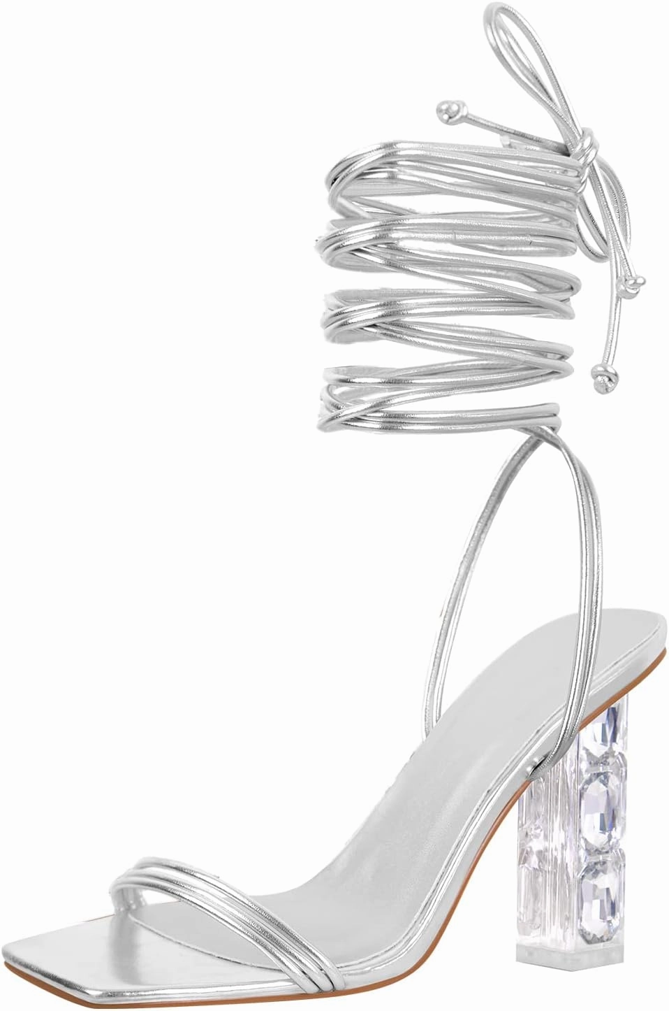 Yolkomo Women's Clear Rhinestone Bow Heels Lace Up