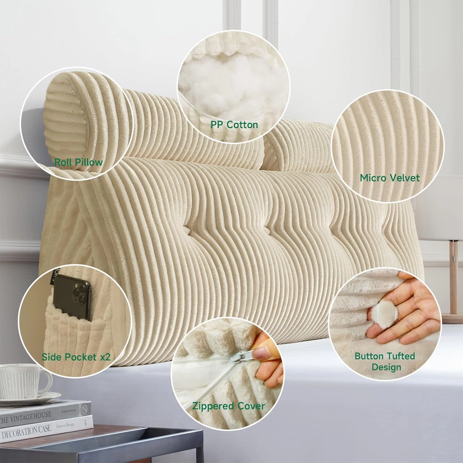 Z-hom Large Wedge Pillow Headboard, Twin Triangular Headboard Pillow, Reading Pillow Bed with a Roll Pillow for Bed Sitting Up Sleeping, Backrest Cushion Headboard Gap Pillow for Back, Beige Cream