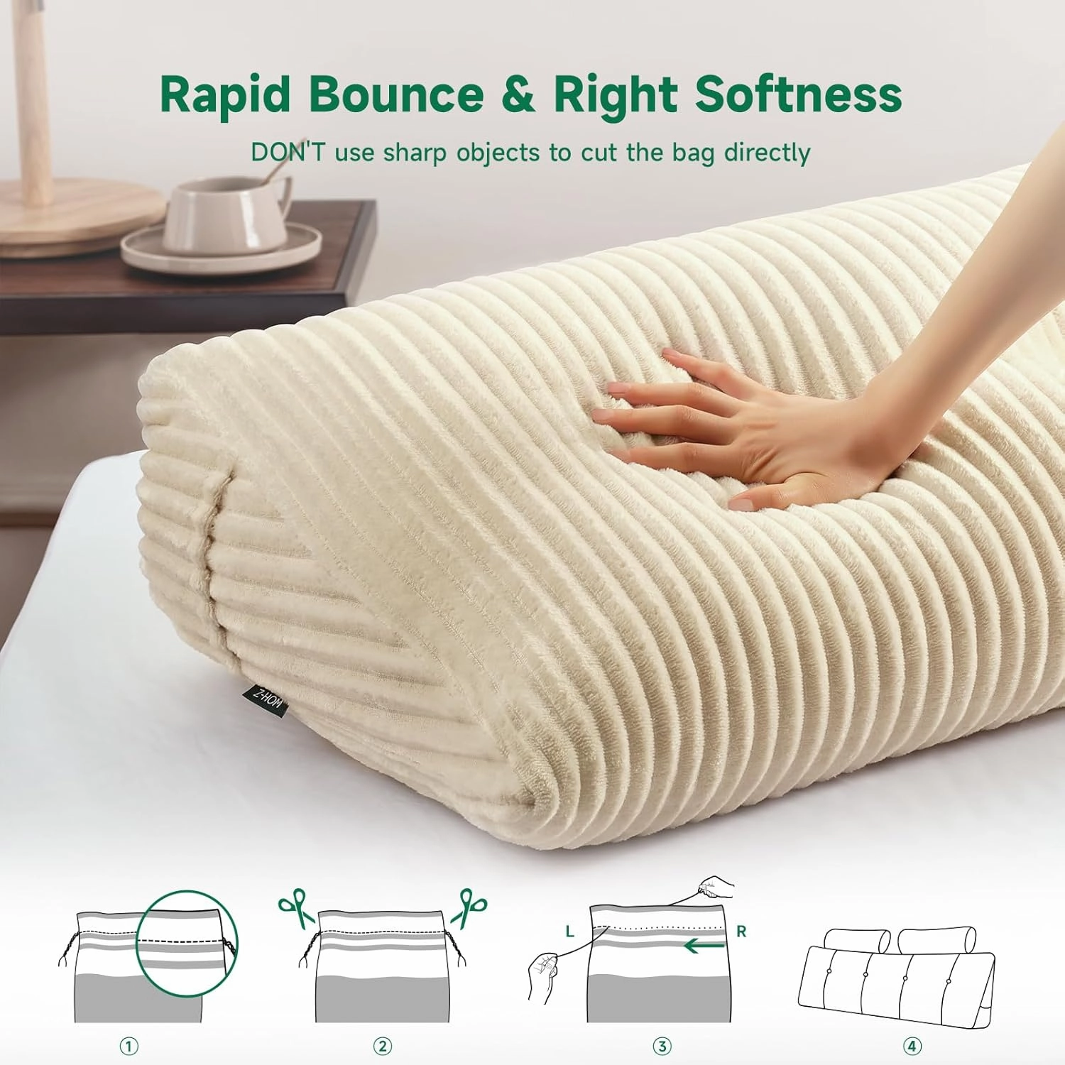 Z-hom Large Wedge Pillow Headboard, Twin Triangular Headboard Pillow, Reading Pillow Bed with a Roll Pillow for Bed Sitting Up Sleeping, Backrest Cushion Headboard Gap Pillow for Back, Beige Cream