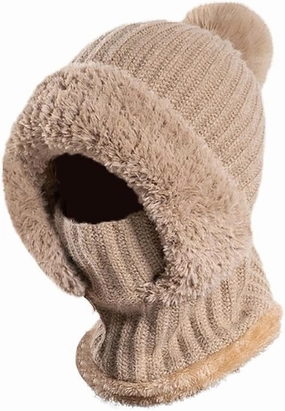 Zcargel Knitted Hat with Pompom, 55cm-60cm 3 in 1 Winter Beanie Scarf Circle and Knit Mask Siamese Windproof Women