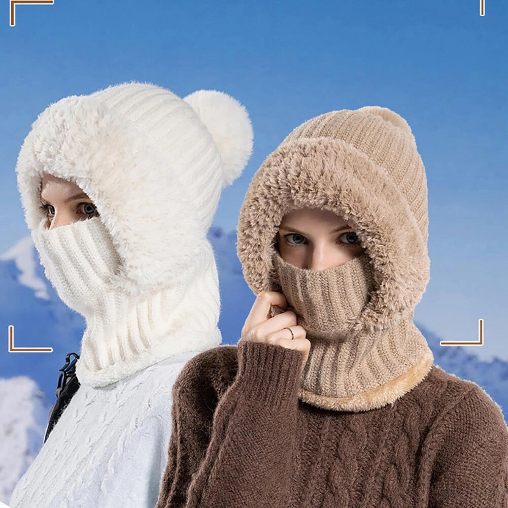 Zcargel Knitted Hat with Pompom, 55cm-60cm 3 in 1 Winter Beanie Scarf Circle and Knit Mask Siamese Windproof Women