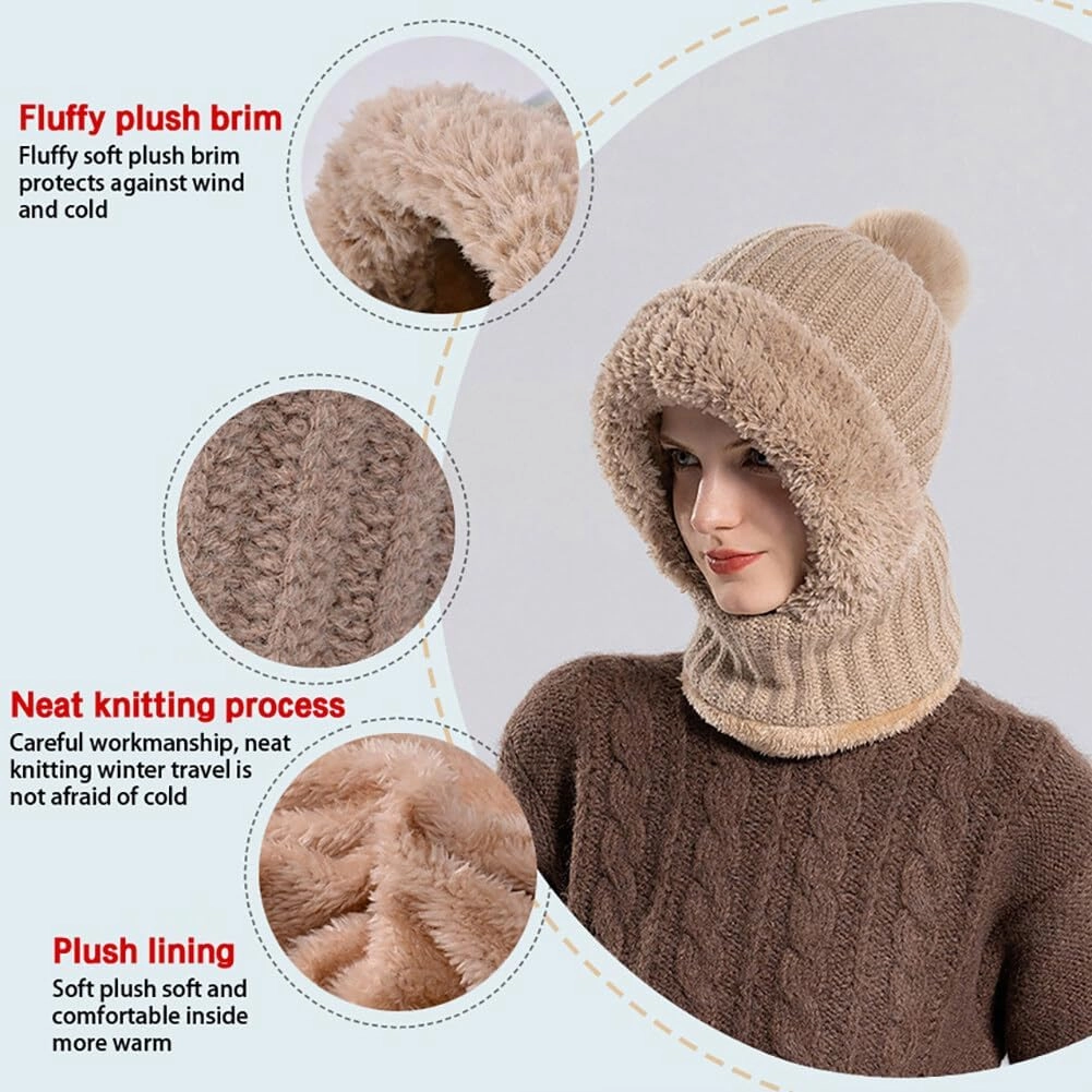 Zcargel Knitted Hat with Pompom, 55cm-60cm 3 in 1 Winter Beanie Scarf Circle and Knit Mask Siamese Windproof Women