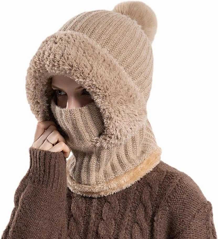 Zcargel Knitted Hat with Pompom, 55cm-60cm 3 in 1 Winter Beanie Scarf Circle and Knit Mask Siamese Windproof Women