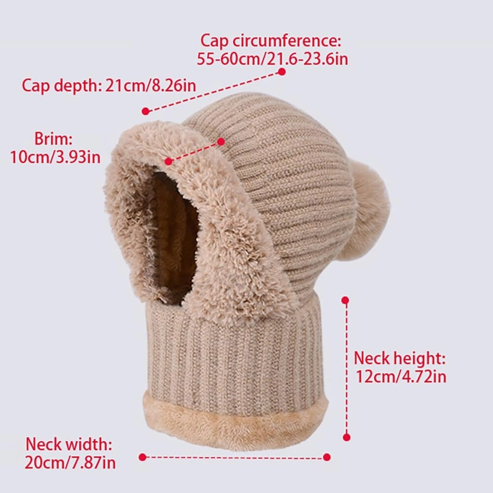 Zcargel Knitted Hat with Pompom, 55cm-60cm 3 in 1 Winter Beanie Scarf Circle and Knit Mask Siamese Windproof Women