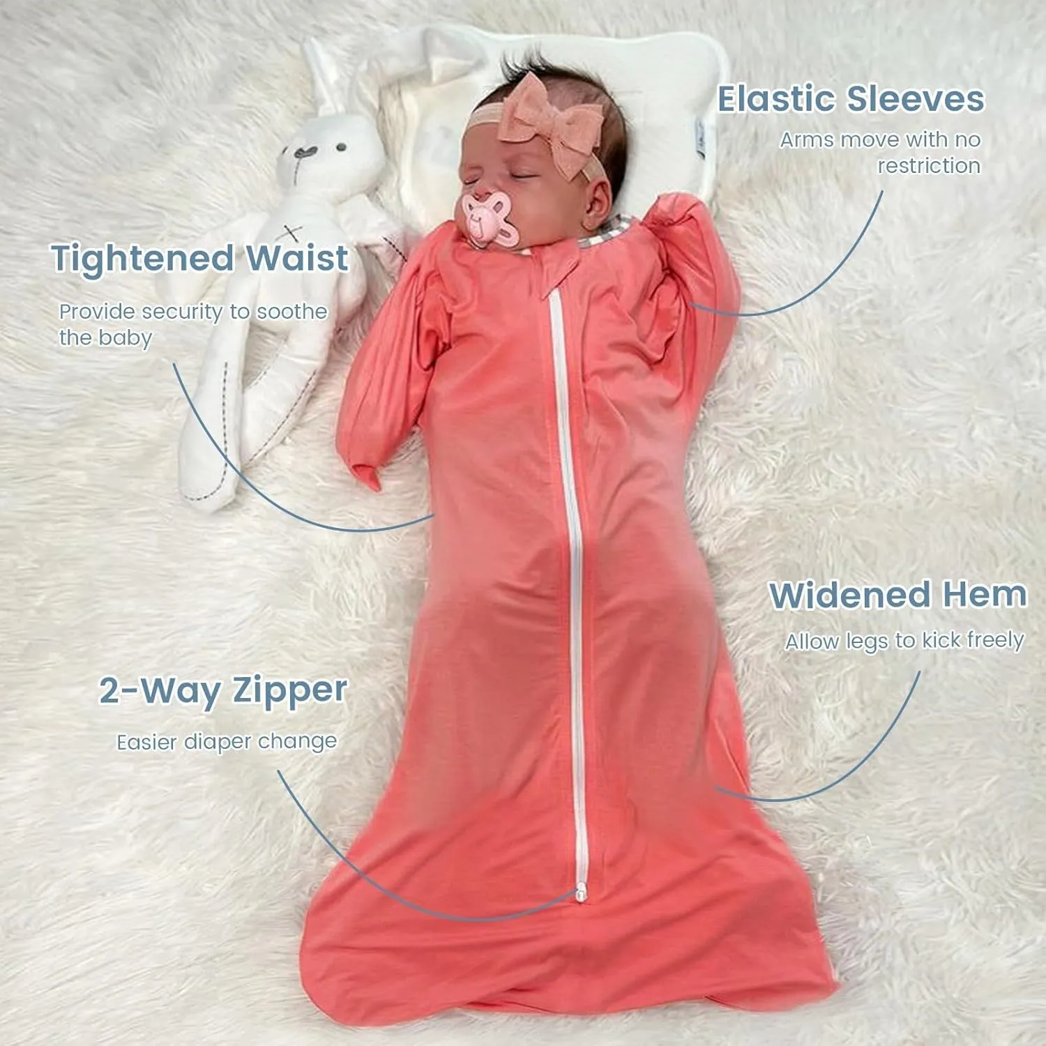 ZIGJOY Shark-Fin Transition Swaddle - 0.5 Tog Rayon Made from Bamboo Sleep Sack Transitional Swaddle Sack Baby Wearable Blanket with 2-Way Zipper, Peach Pink, 6-12 Months