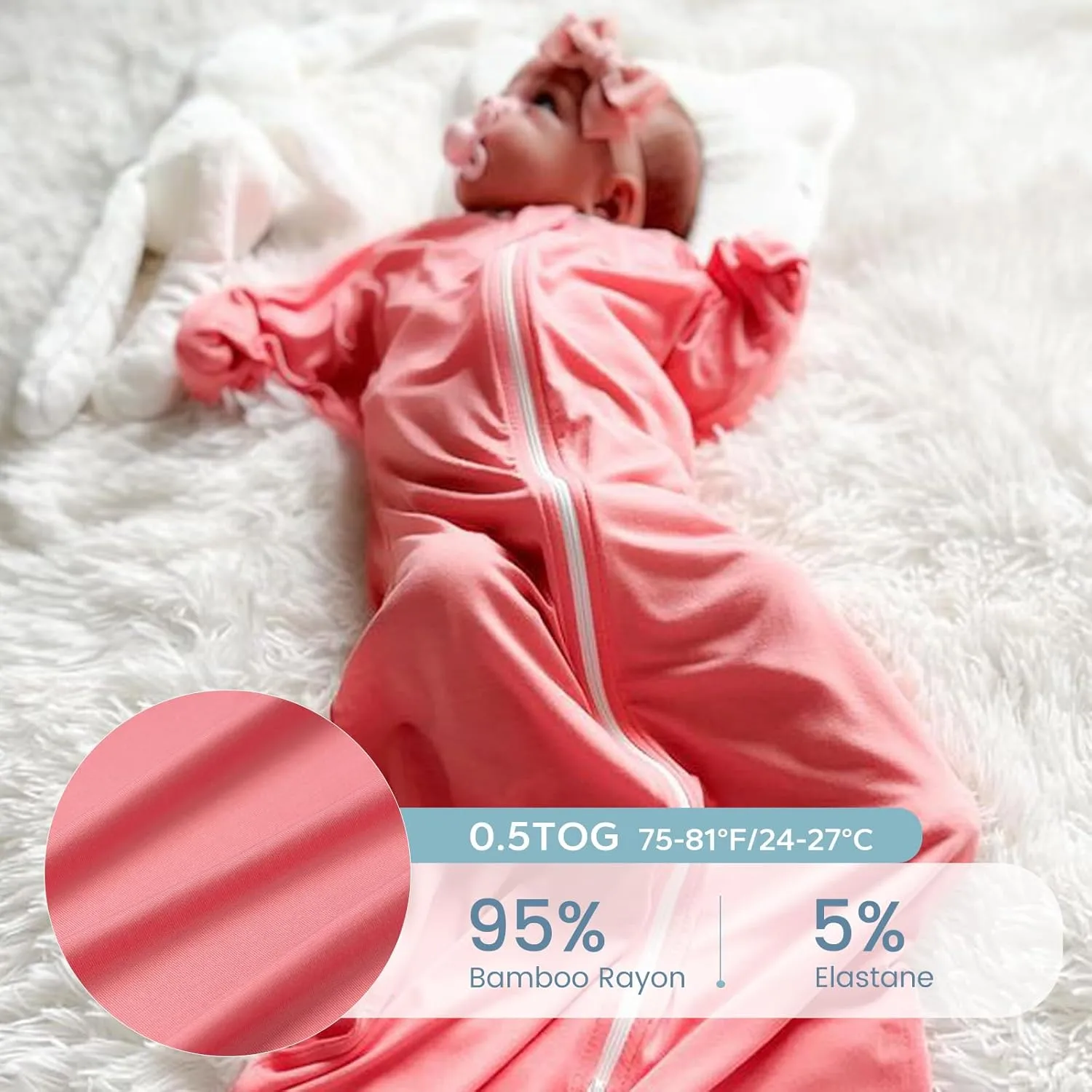 ZIGJOY Shark-Fin Transition Swaddle - 0.5 Tog Rayon Made from Bamboo Sleep Sack Transitional Swaddle Sack Baby Wearable Blanket with 2-Way Zipper, Peach Pink, 6-12 Months