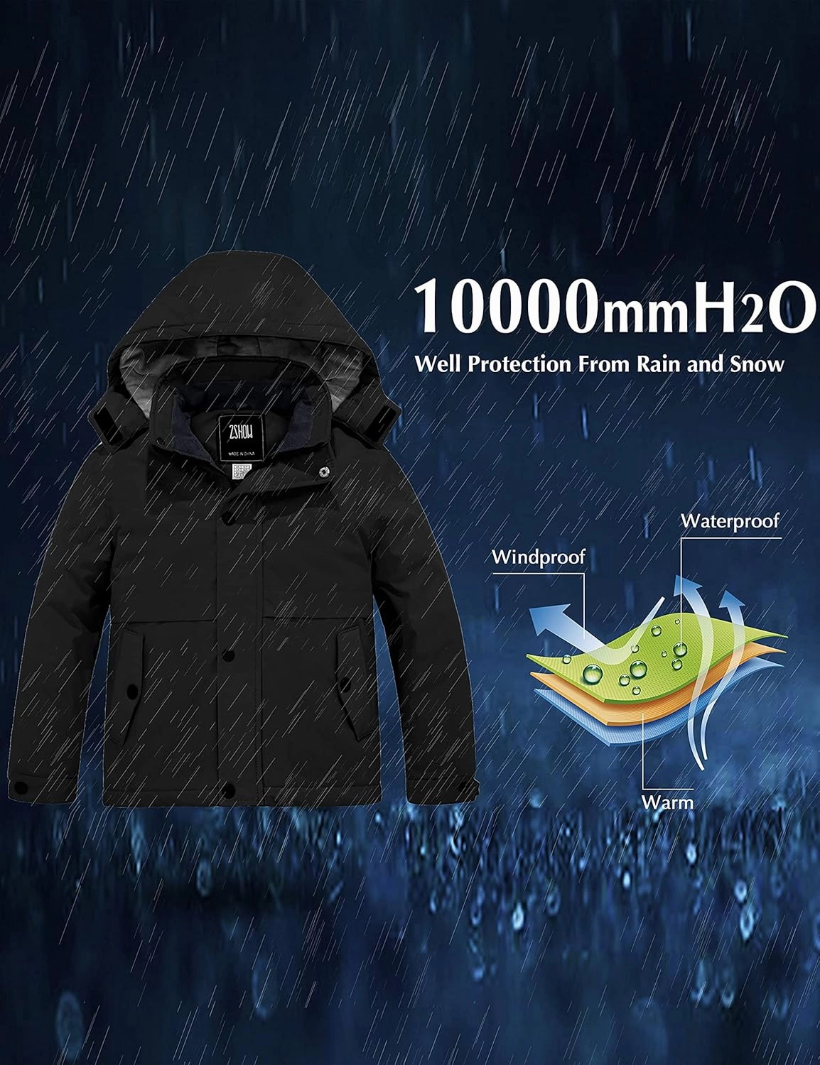 ZSHOW Boys' Waterproof Ski Jacket Hooded Fleece Lined Raincoat Warm Winter Coat