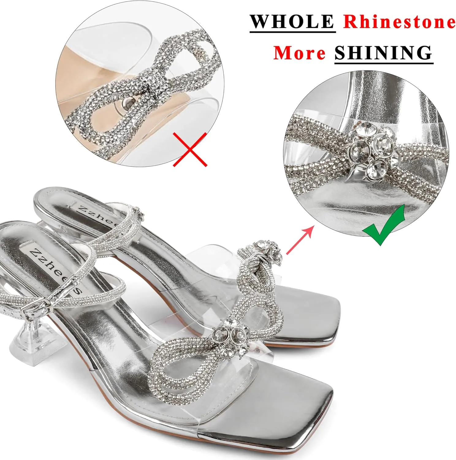 Zzheels Double Bowknots Crystal Sandals Clear Slingback Heels Square Toe Shoes for Party Wedding