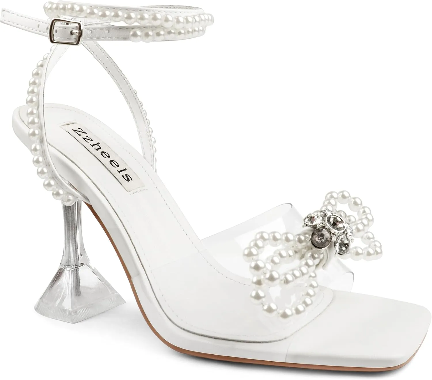 Zzheels Double Bowknots Crystal Sandals Clear Slingback Heels Square Toe Shoes for Party Wedding