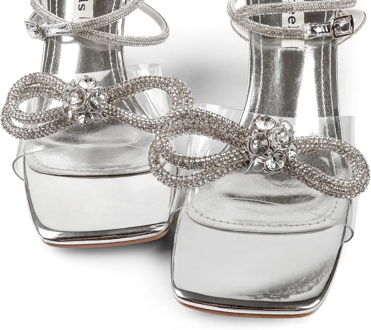 Zzheels Double Bowknots Crystal Sandals Clear Slingback Heels Square Toe Shoes for Party Wedding