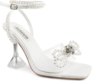 Zzheels Double Bowknots Crystal Sandals Clear Slingback Heels Square Toe Shoes for Party Wedding