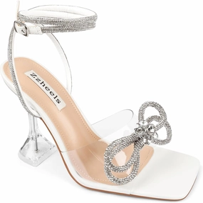 Zzheels Double Bowknots Crystal Sandals Clear Slingback Heels Square Toe Shoes for Party Wedding