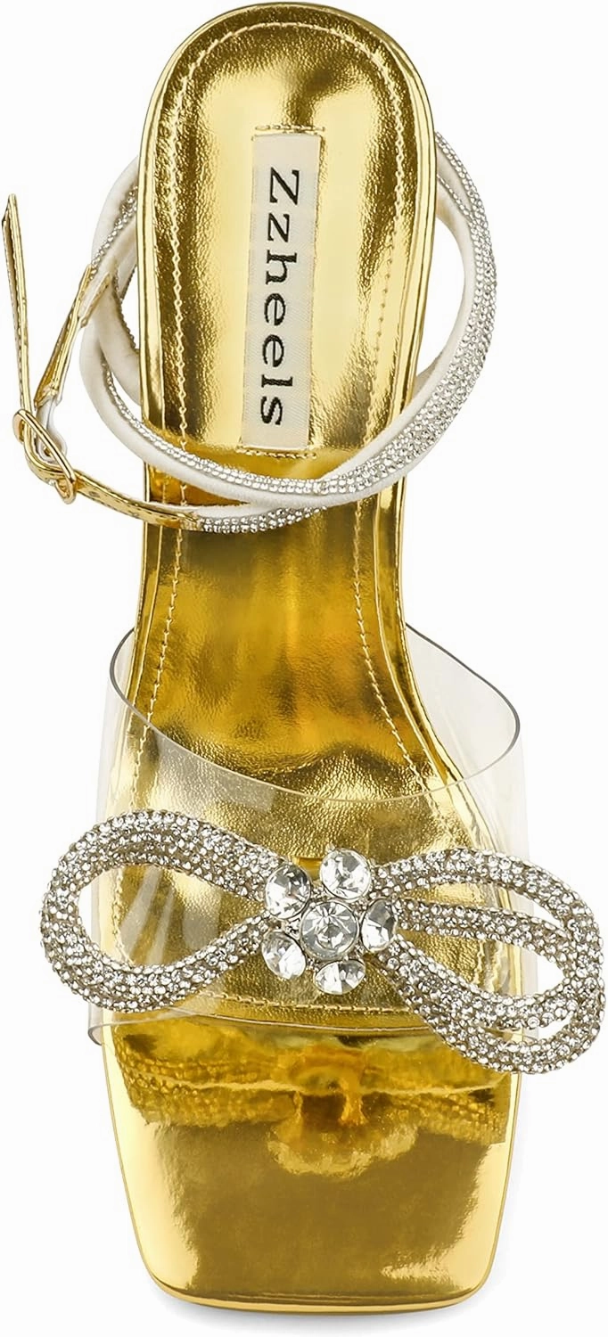 Zzheels Double Bowknots Crystal Sandals Clear Slingback Heels Square Toe Shoes for Party Wedding