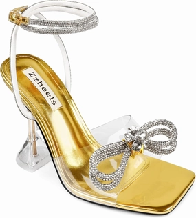 Zzheels Double Bowknots Crystal Sandals Clear Slingback Heels Square Toe Shoes for Party Wedding