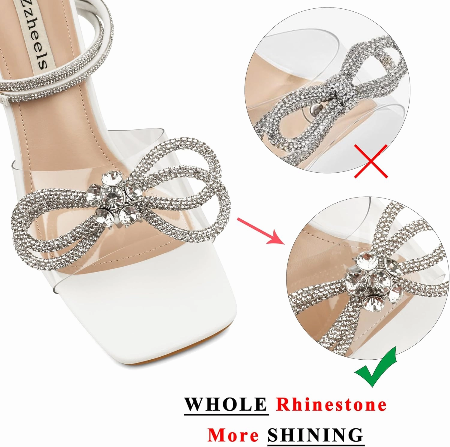 Zzheels Double Bowknots Crystal Sandals Clear Slingback Heels Square Toe Shoes for Party Wedding